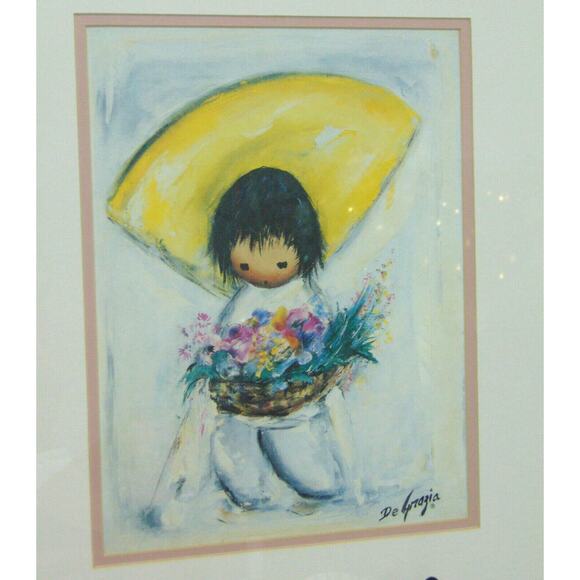 VTG Ted DeGrazia FRAMED Indian FLOWER BOY GIRL ART PRINT Yellow Hat 14x17" EUC - Picture 4 of 5